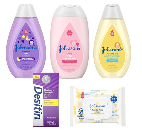 Johnson's Baby Here Comes Baby Gift Set, Moisturizing Lotion, Bedtime Bath, Body Wash & Shampoo, Hand & Face Wipes, & Diaper Rash Cream