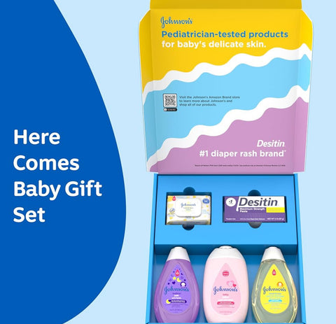 Johnson's Baby Here Comes Baby Gift Set, Moisturizing Lotion, Bedtime Bath, Body Wash & Shampoo, Hand & Face Wipes, & Diaper Rash Cream
