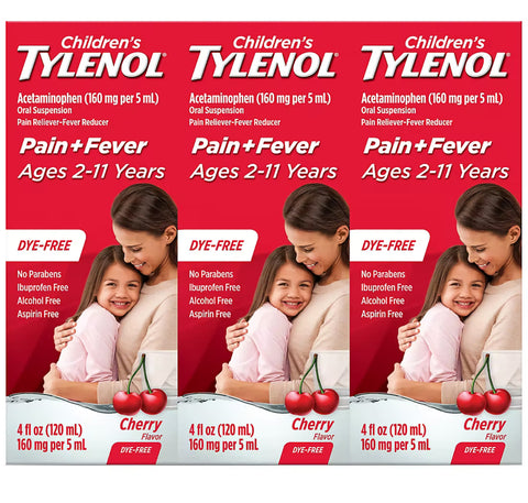 Children's Tylenol Pain + Fever Dye-Free Medicine Cherry Flavor, 4 fl. oz, 3 pk