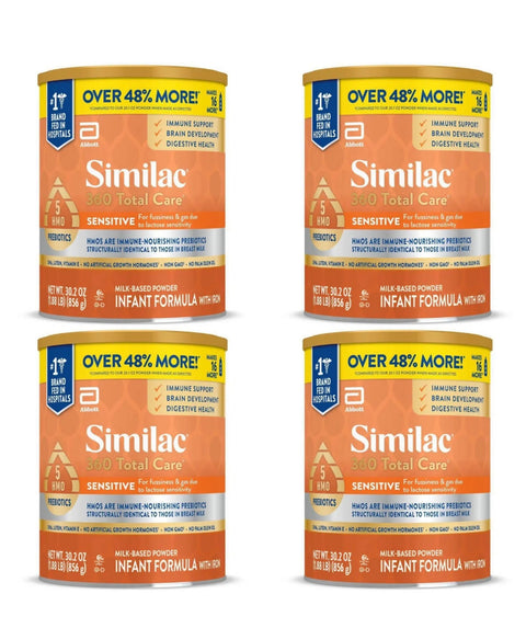 Similac 360 Total Care Sensitive Infant Formula Non-GMO Powder 30.2 oz, (Case of 4)